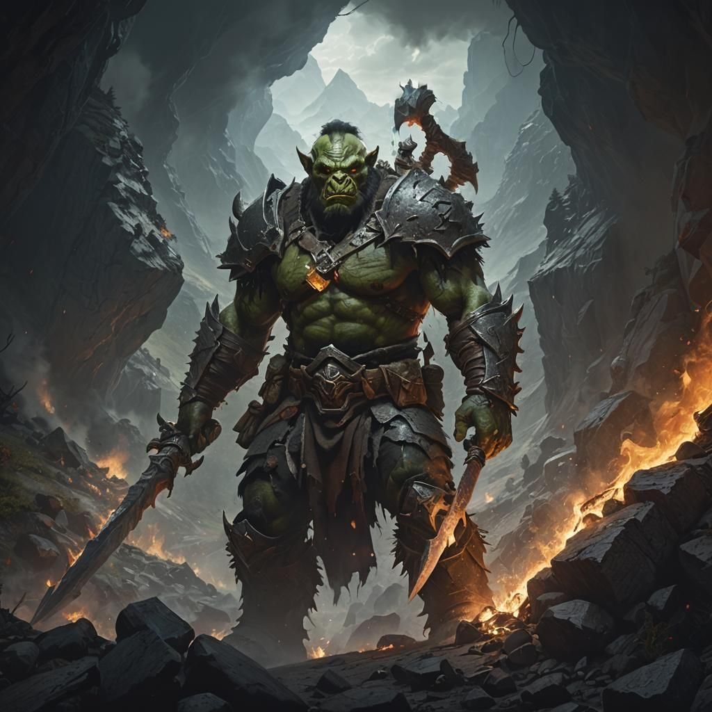 Orc Ranger Battles Fire Giant: Dark Fantasy Art