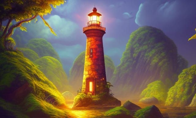 Lighthouse Shines in Dense Jungle, Detailed Digital Art