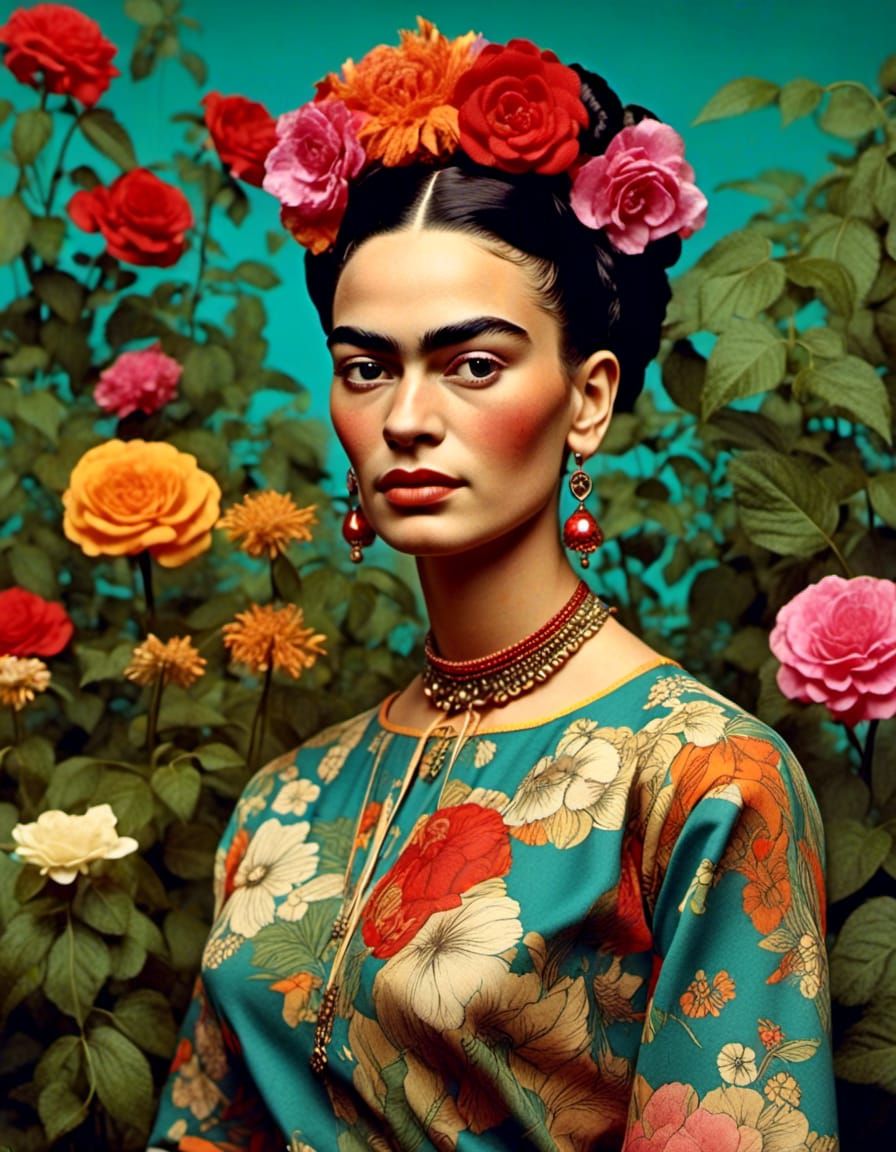Frida Kahlo Inspired Portrait in 1960s Garden