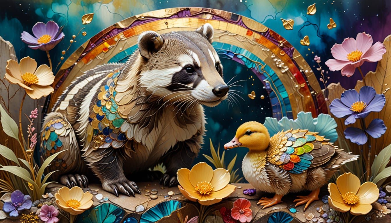 Badger and Duckling in Dreamlike Surrealist Style