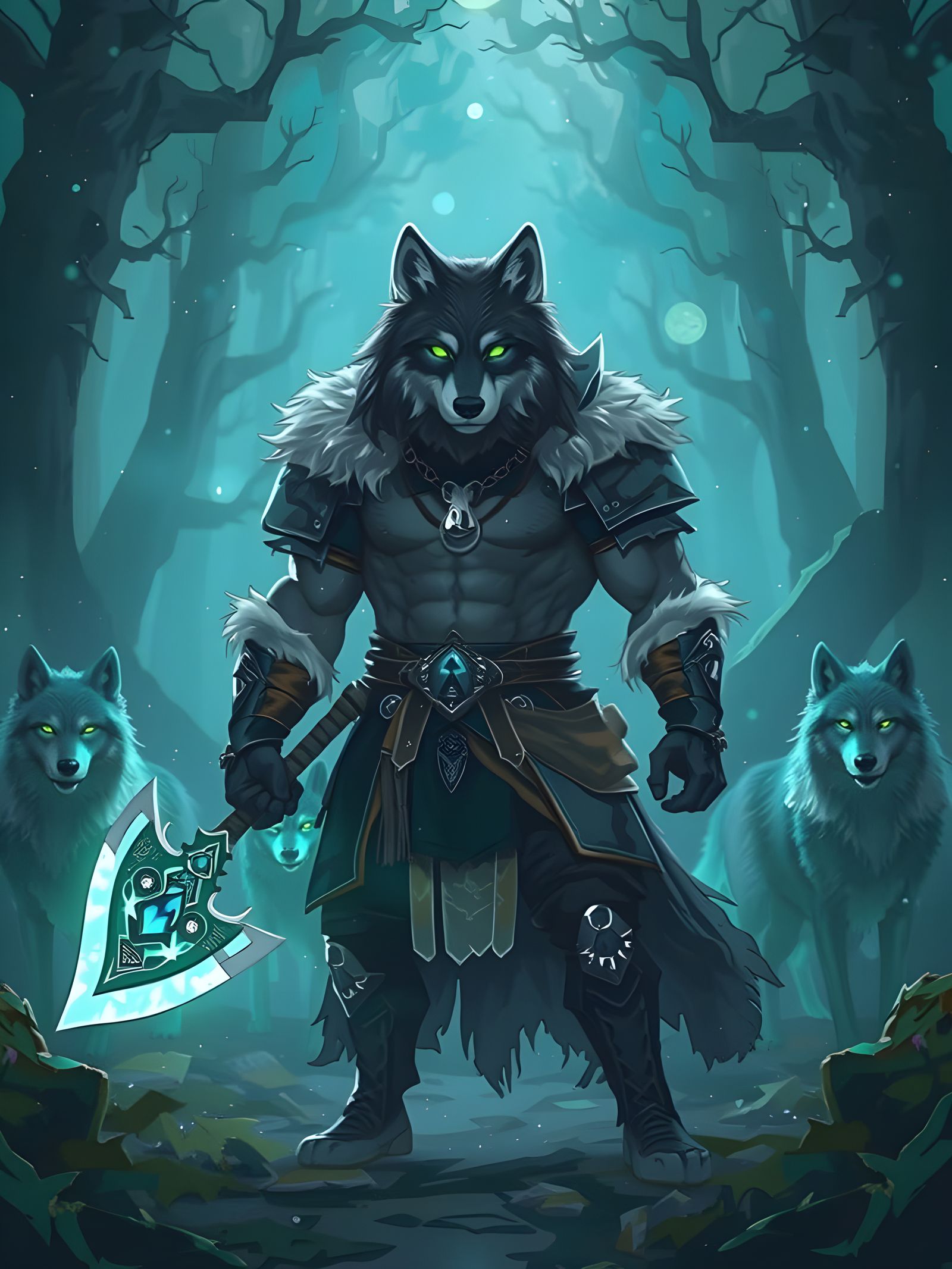 Wolf Barbarian with Ethereal Axe in Watercolor Style