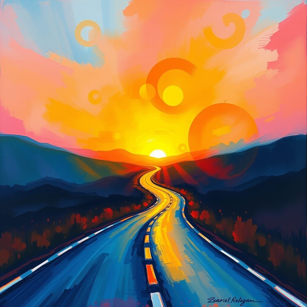 Vibrant Sunset Landscape in Expressive Metaphysical Style