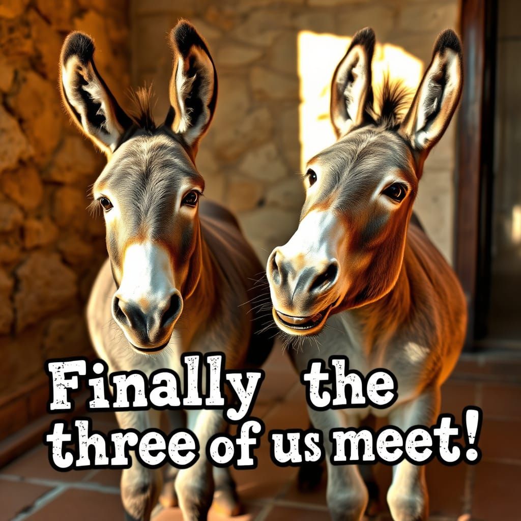 Warm Reunion of Two Weathered Donkeys in Golden Light