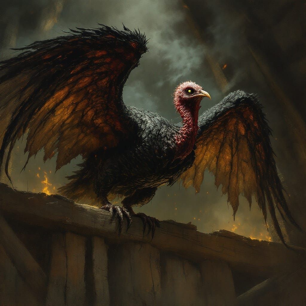 Terrifying Turkey in Barn: Horror Illustration