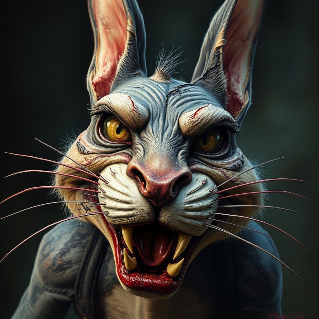 Roger The Rabbit, evil cat demon, rotted skin, ugly nose, ug...