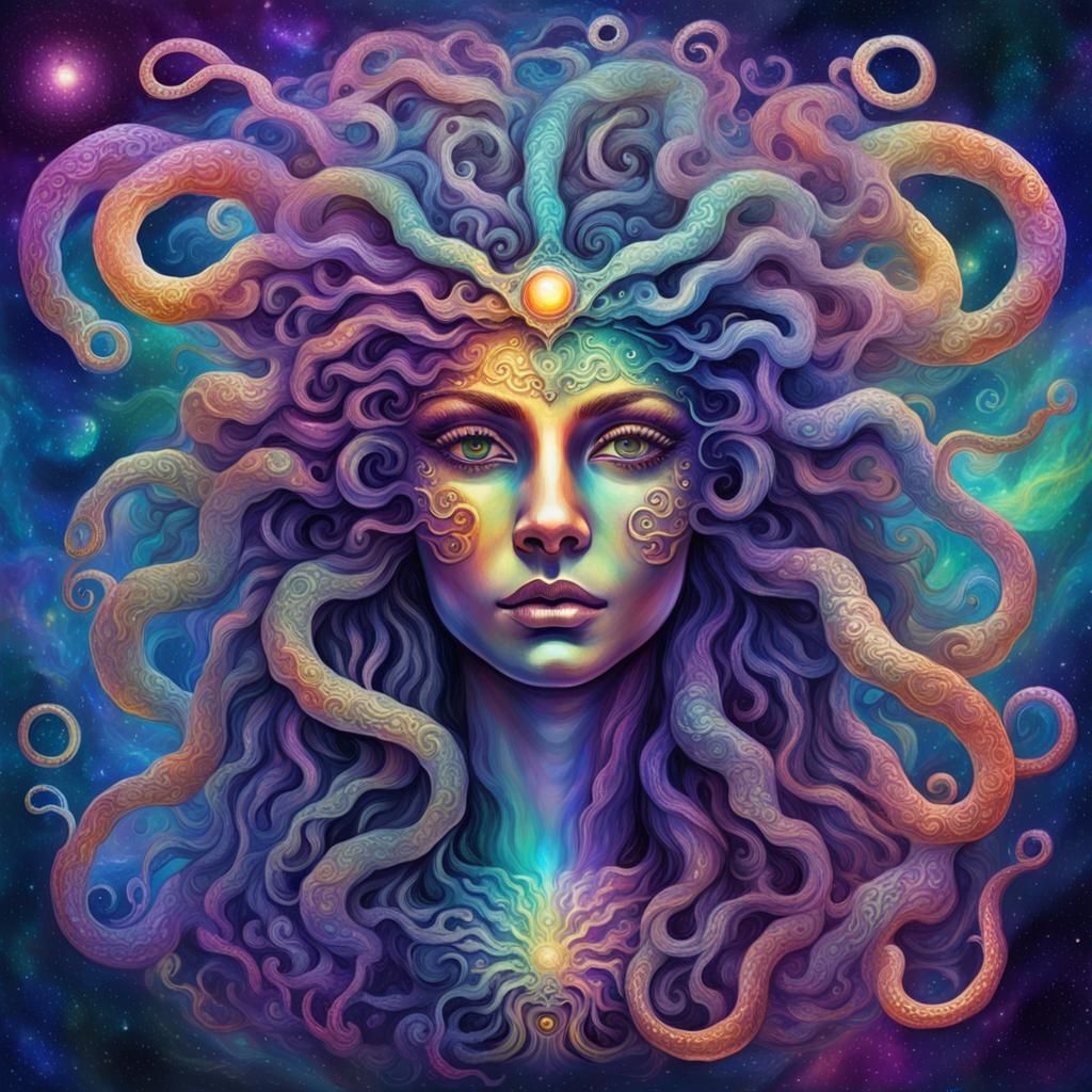 Enchanted Medusa with Iridescent Colors in Astral Illustrati...