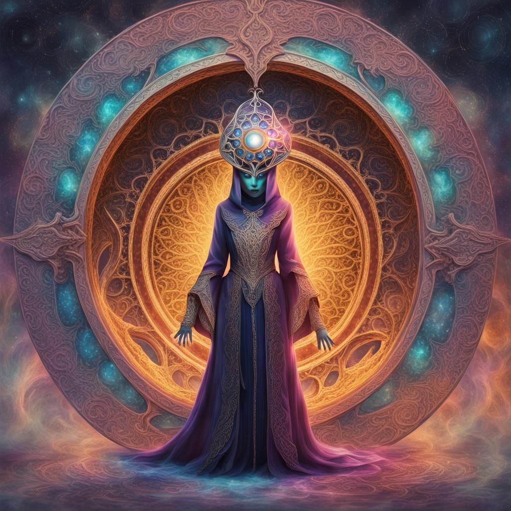 Wizard Opens Dimension Portal Wearing Mask in Abstract Art