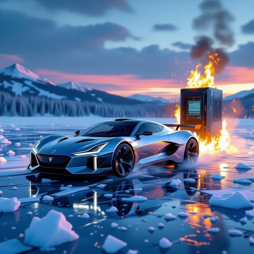 Rimac Navara Supercar on Frozen Lake, Dystopian Art