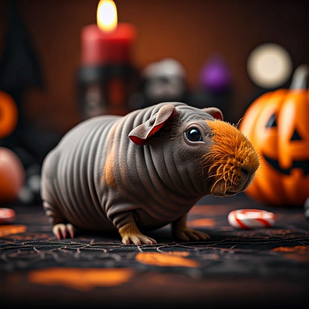 Hairless Guinea Pig's Halloween in Hyper-Realistic Style