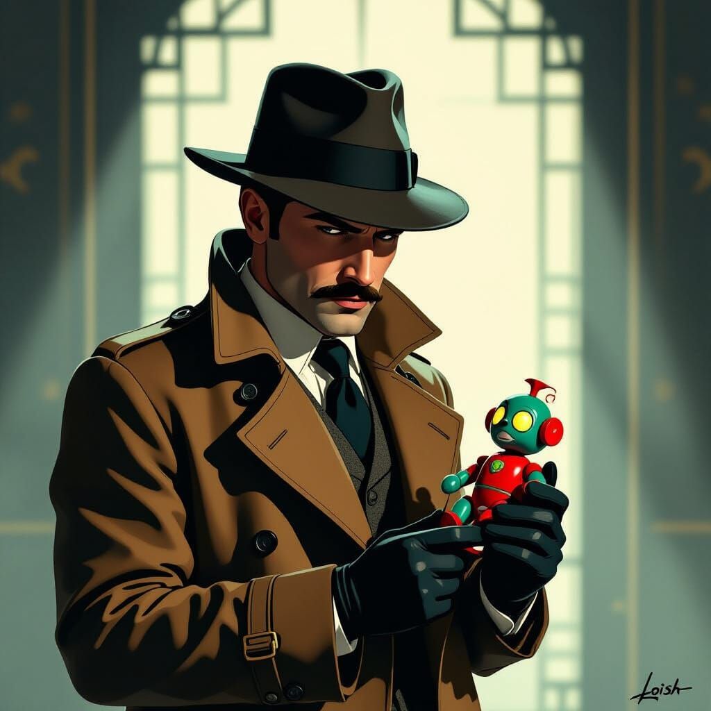 Film Noir Detective with Toy in Art Deco Setting