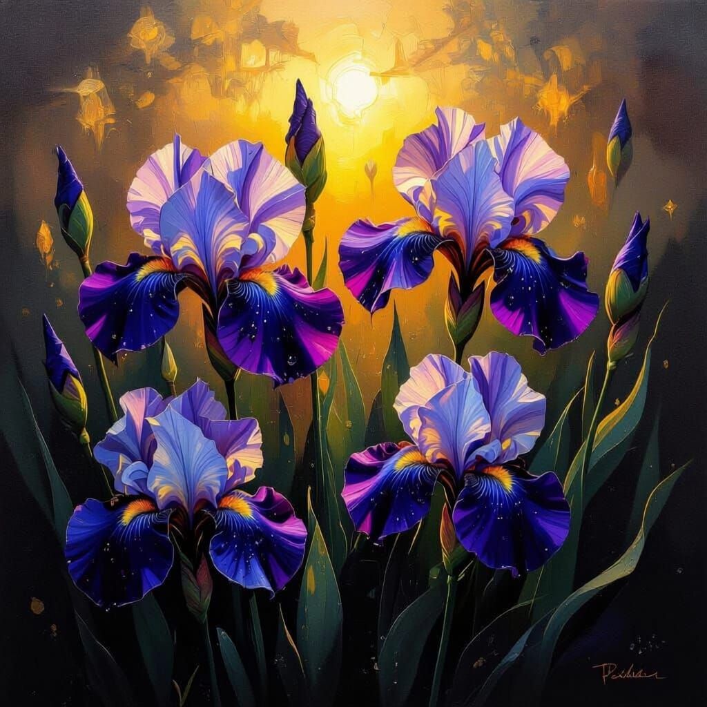Ethereal Irises Oil Painting in Impasto Style