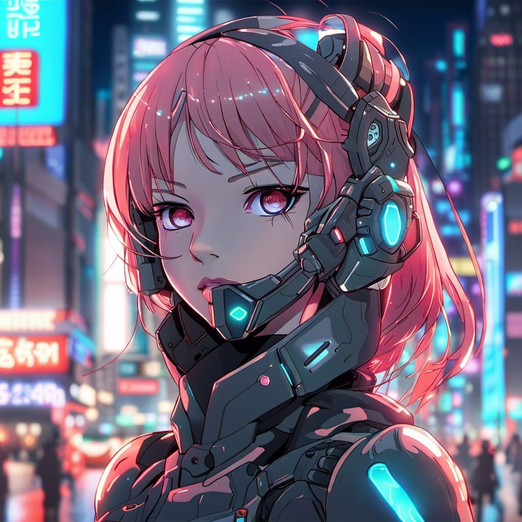 Cyborg Girl Portrait in Neon City, Anime Style
