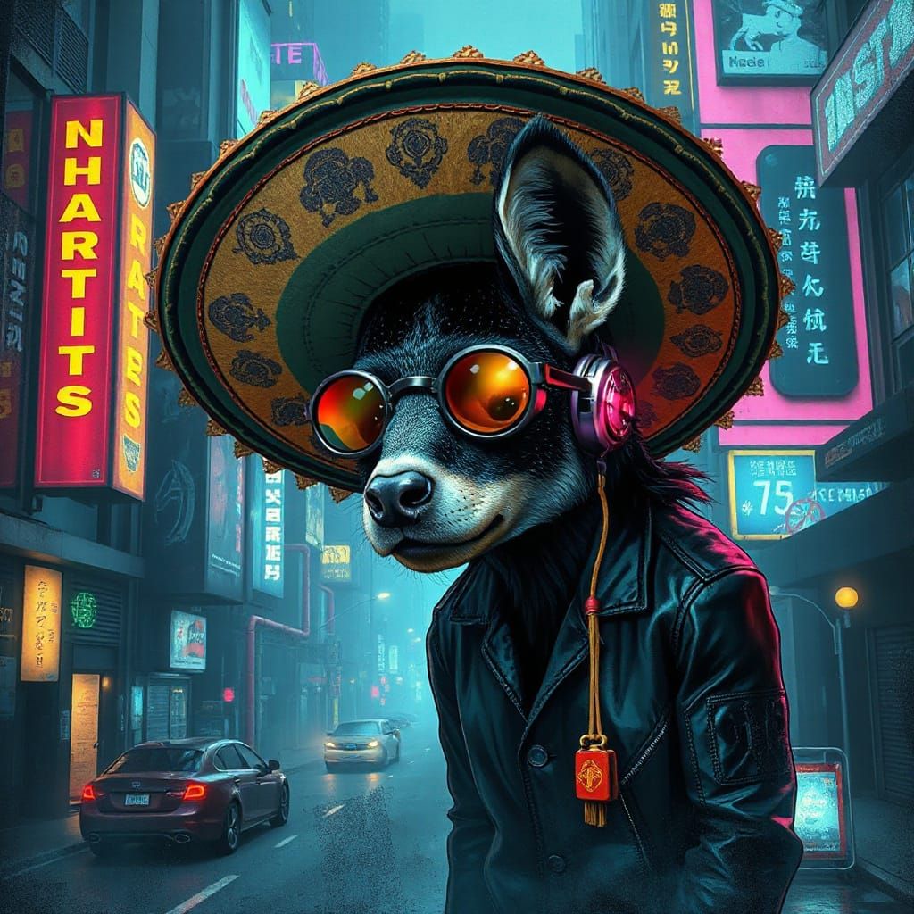 Cyberpunk Animal in Sombrero Amidst Dystopian Cityscape