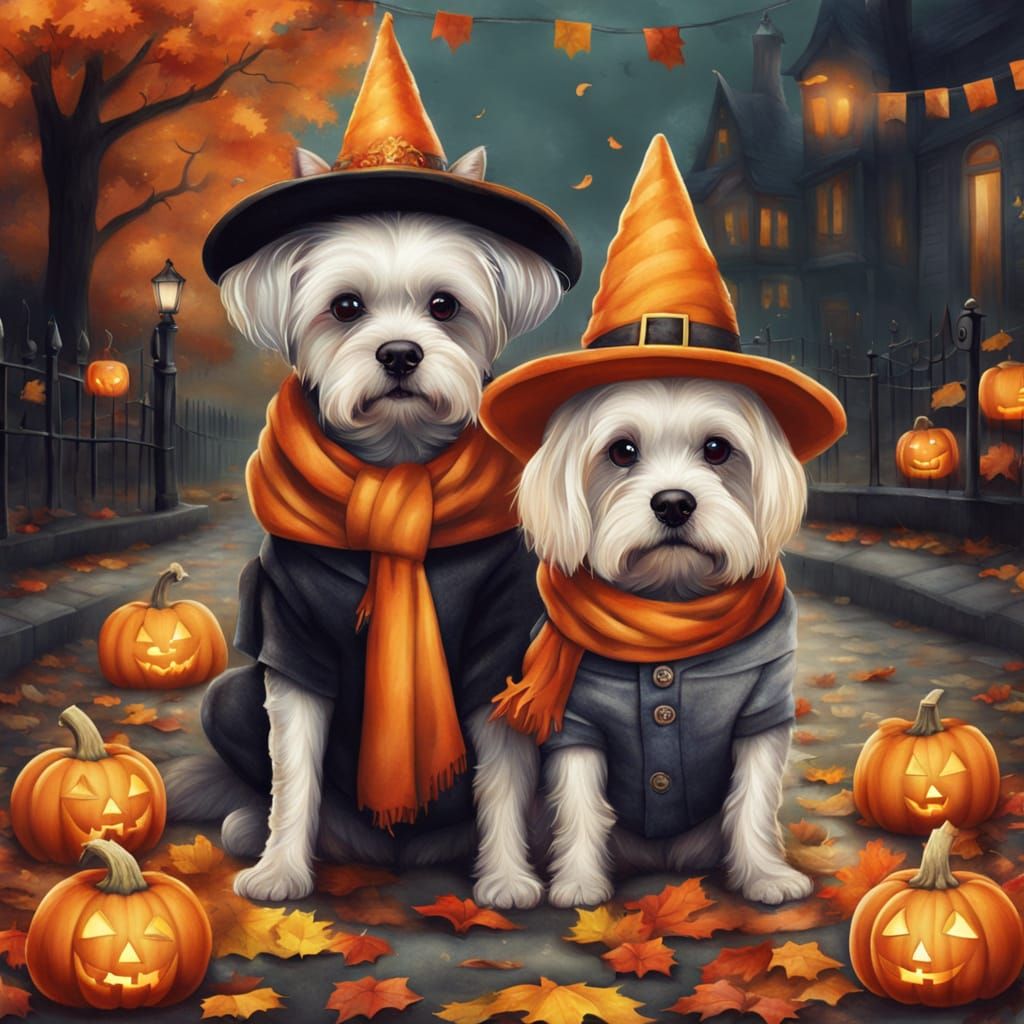 Halloween Dogs Trick or Treating in Autumn Street