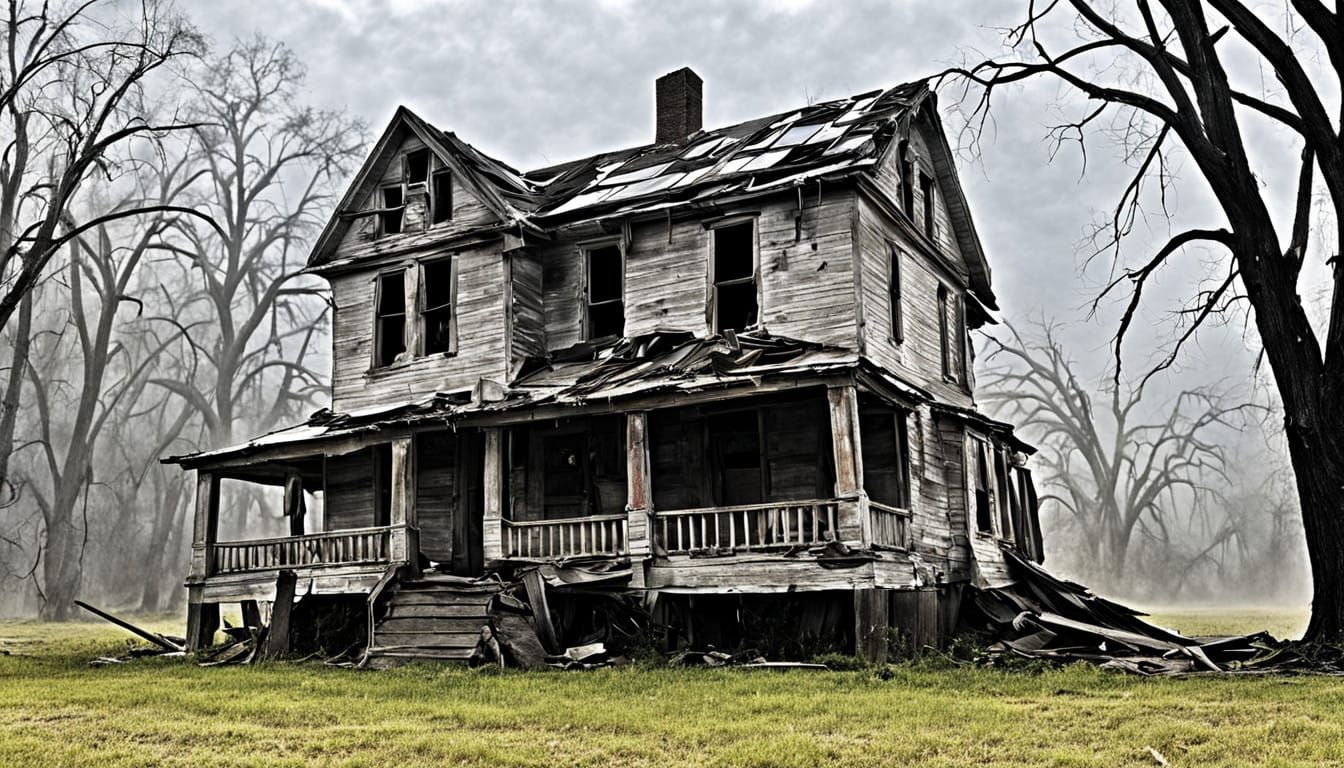 Abandoned House Struck by Lightning in a Fading Landscape