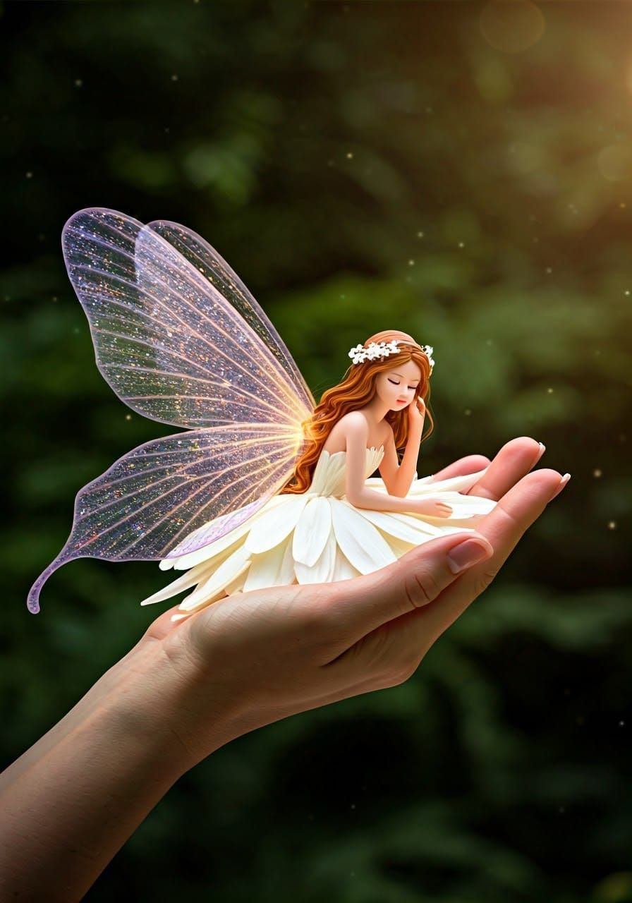 Bioluminescent Fairy in Hand, Ethereal Glowing Art