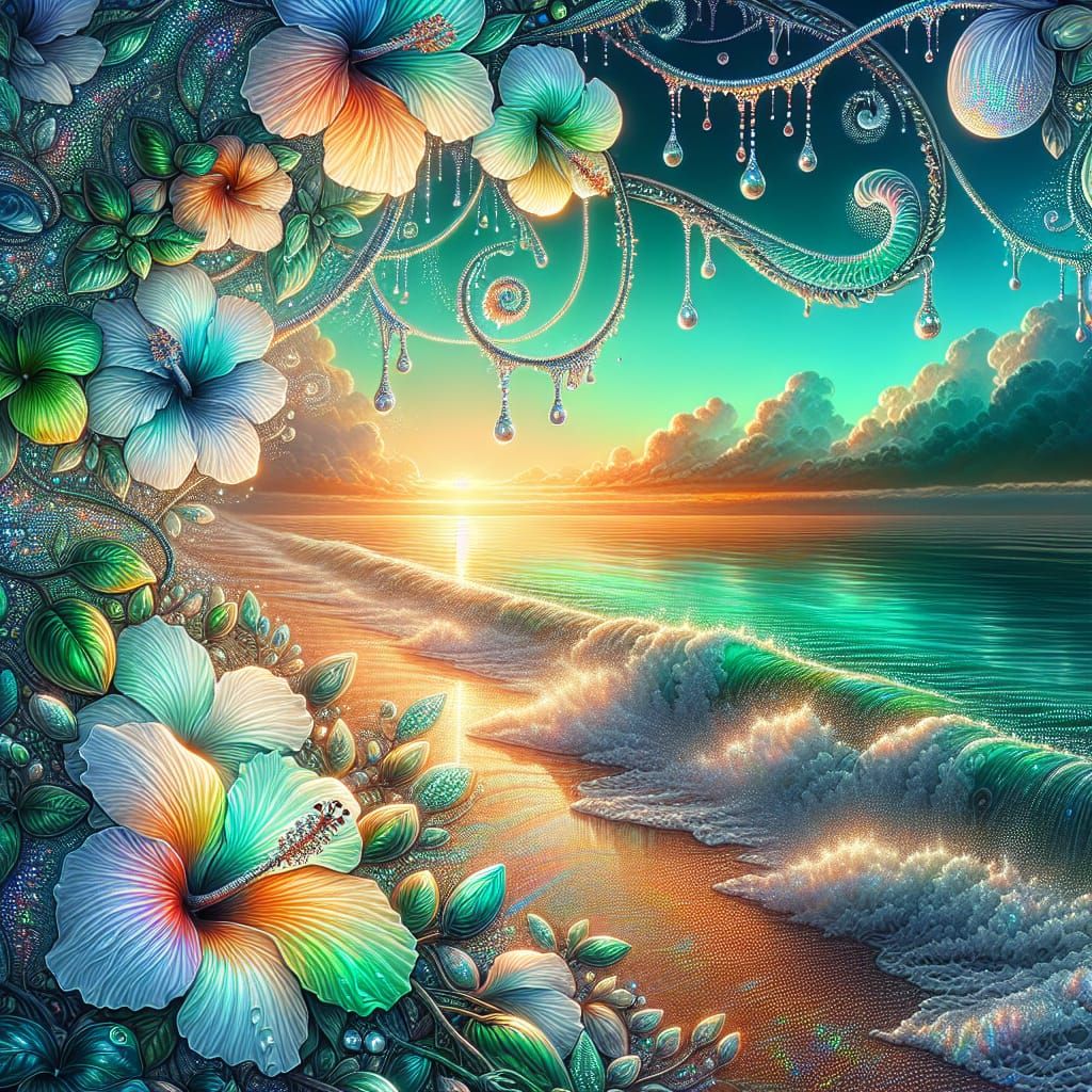 Vibrant Sunset Beach with Holographic Dew Drops