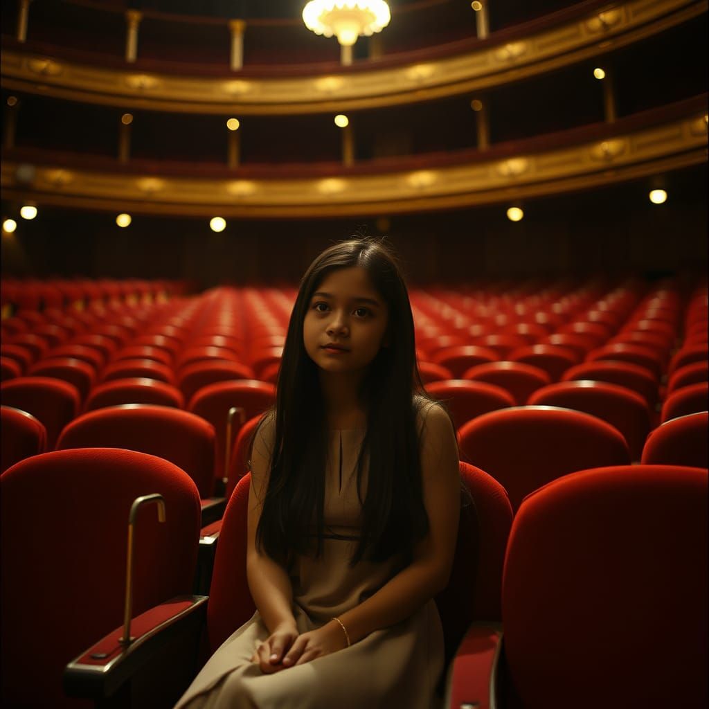 Girl in Empty Theater: Cinematic 35mm Style