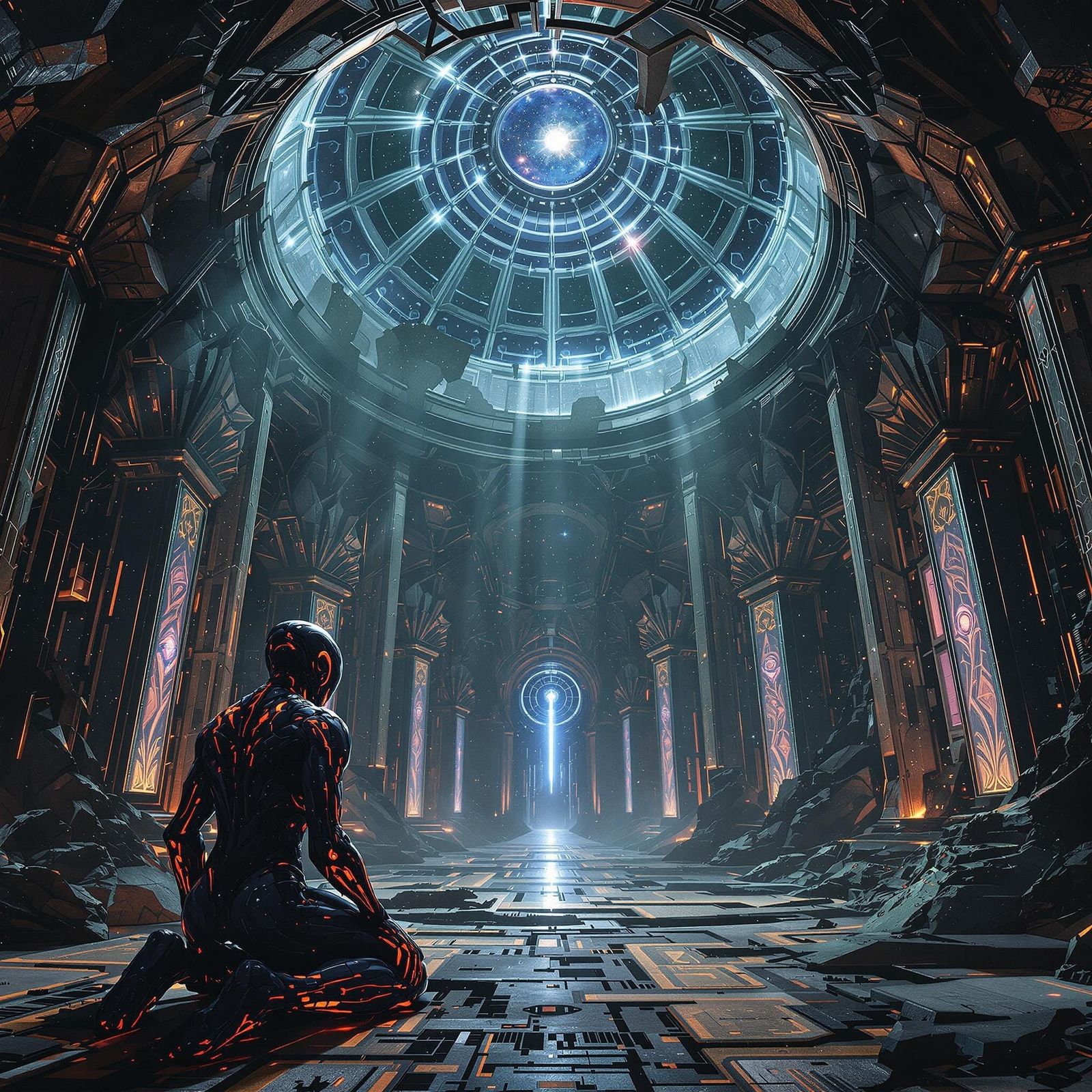 Biomechanical Oracle in Decaying Celestial Dome: CGI Art