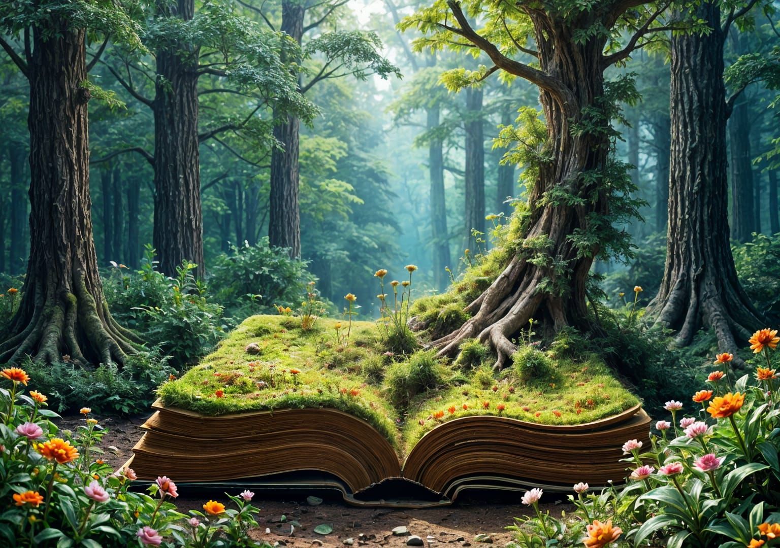 Magical Forest Growing From Book, Watercolor Oil Painting