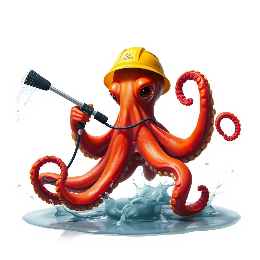Octopus Window Washer in Photorealistic Style