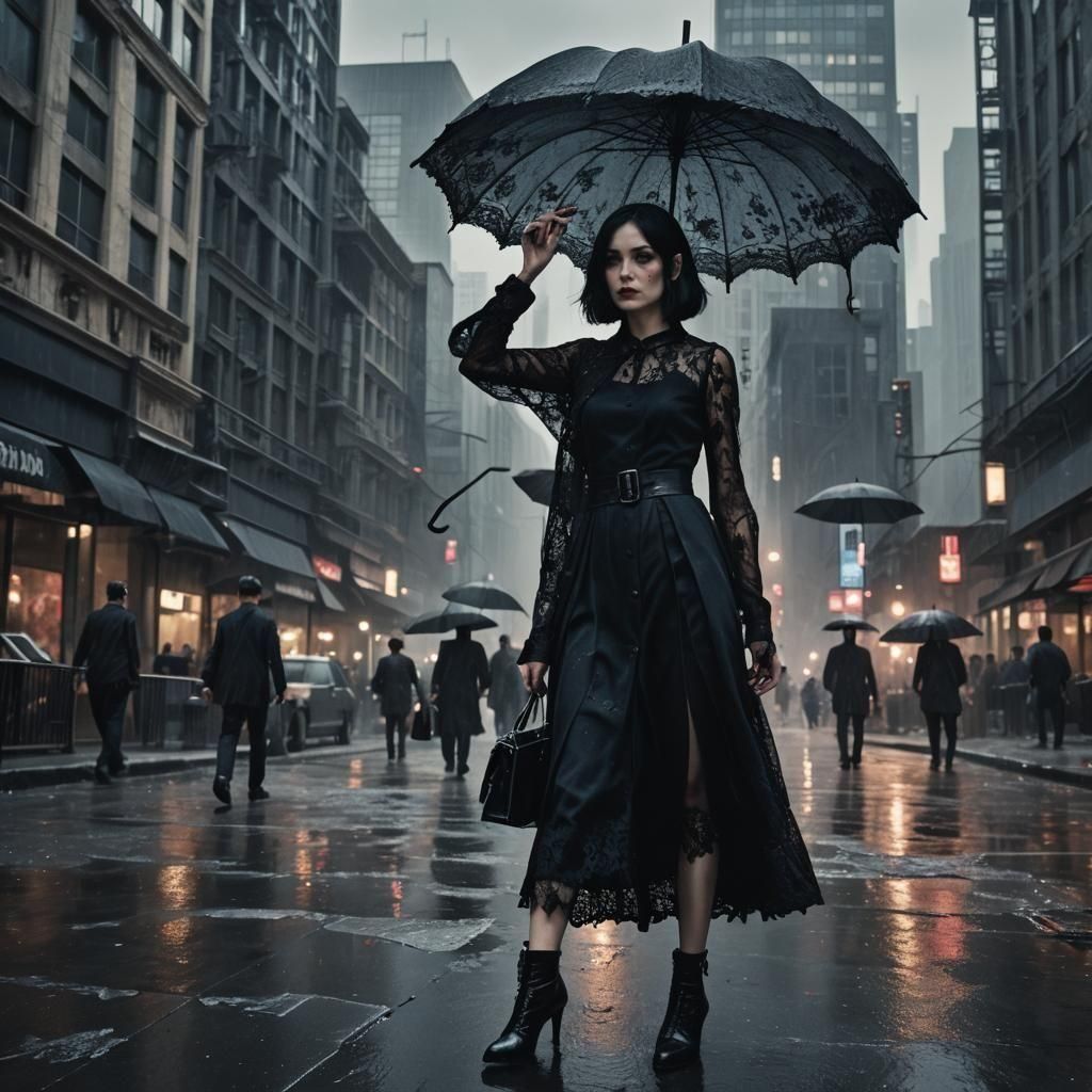 Gothic Noir Woman in Rainy Cityscape