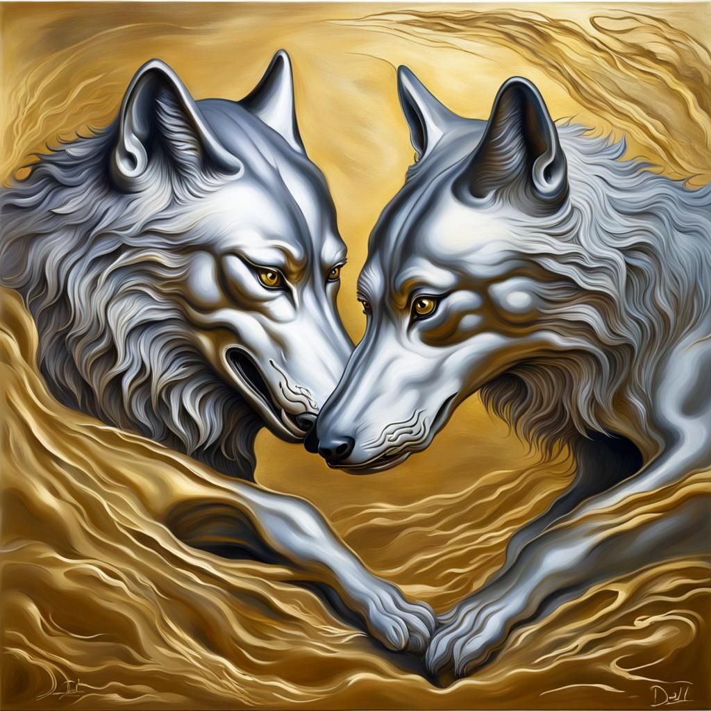 Silver Wolves Nuzzling in Surreal Oil Painting