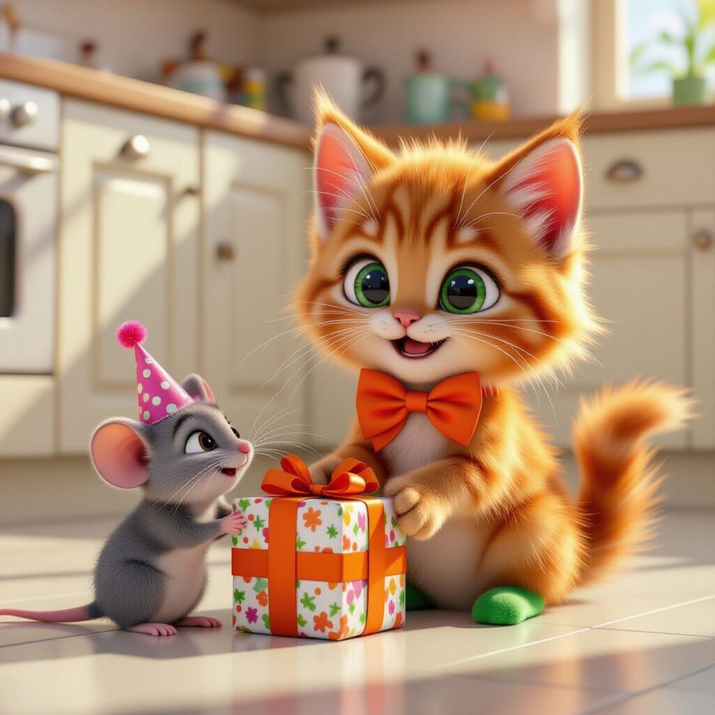 Funny Kitten Gives Gift to Mouse in Pixar Style
