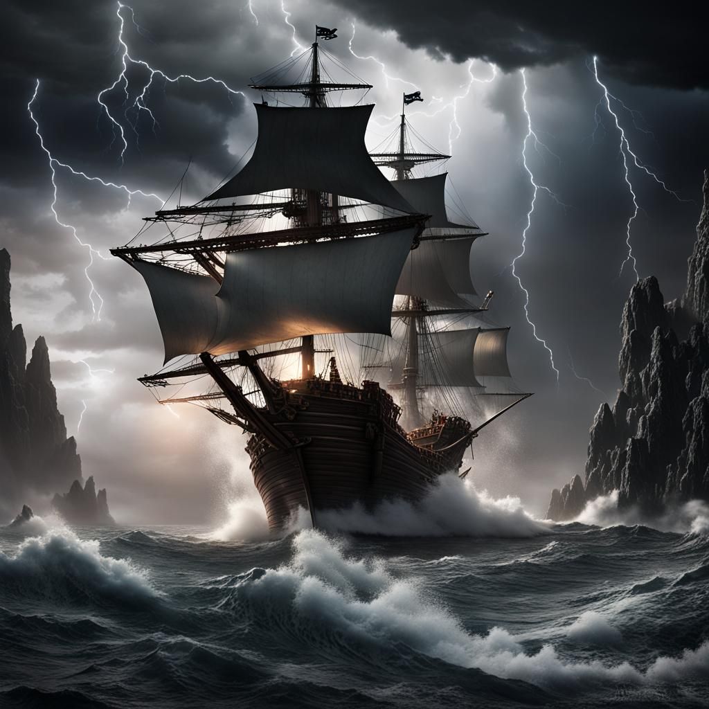 surreal 3D rendering of a Pirate Ship sailing through jutting jagged rock towers emerging from the sea, a violent Lightn...