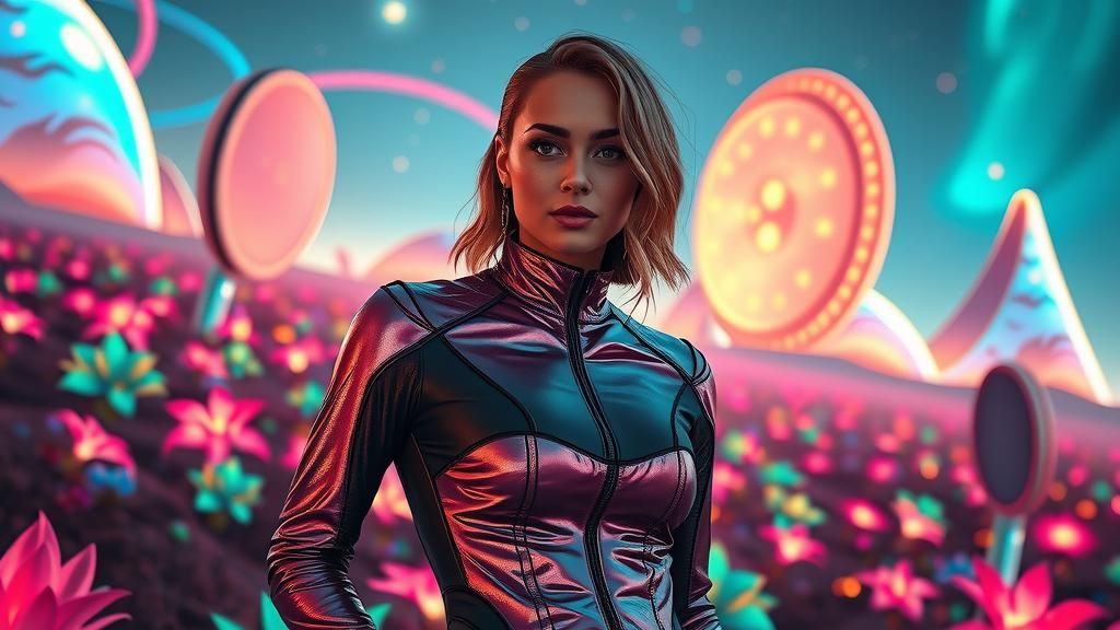 Futuristic Woman in Alien Garden, Hyperrealistic Portrait