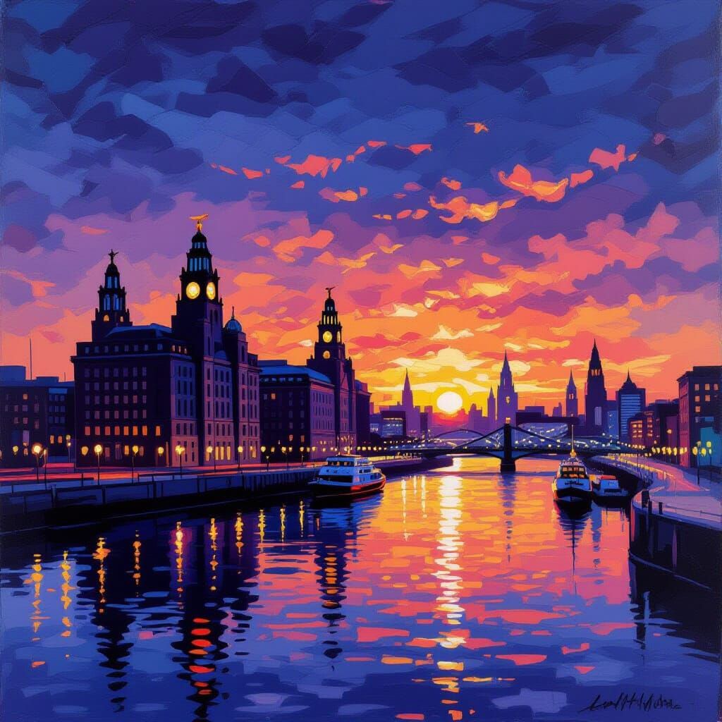 Liverpool Skyline Oil Pastel Painting at Dusk