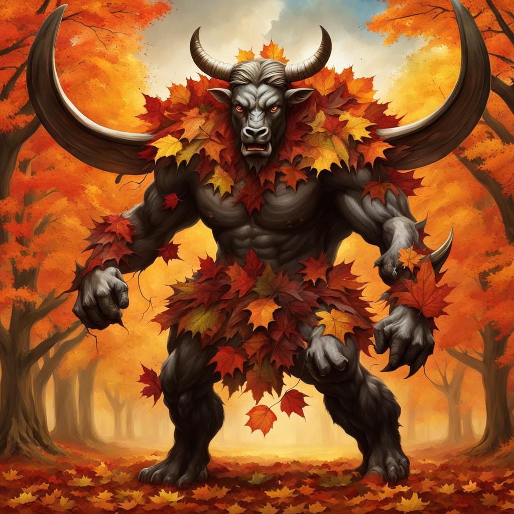 Minotaur with Autumn Leaf Wings Illustration