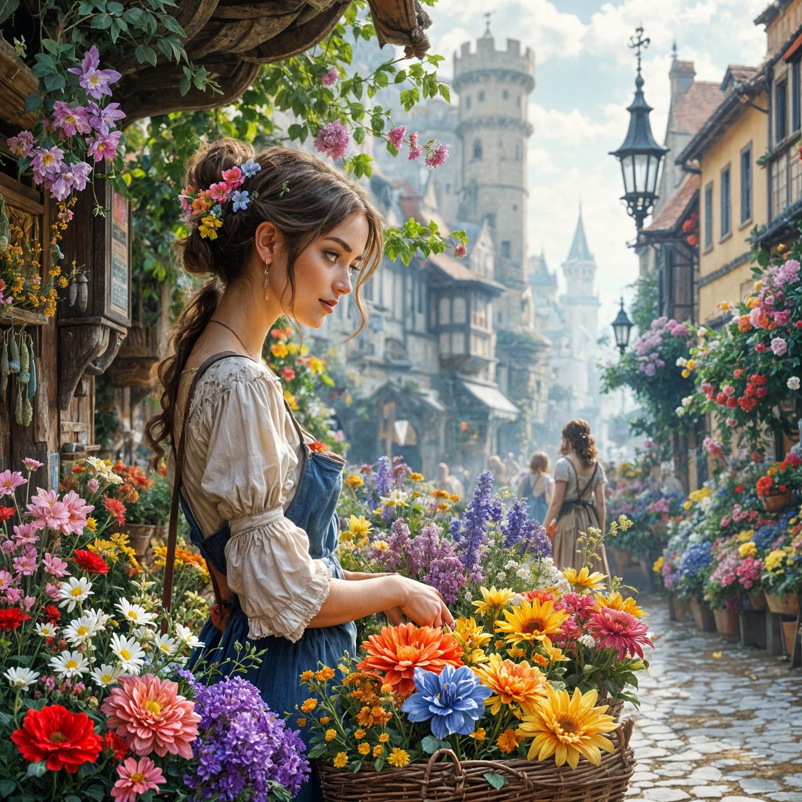 Medieval Florist in Whimsical Marketplace