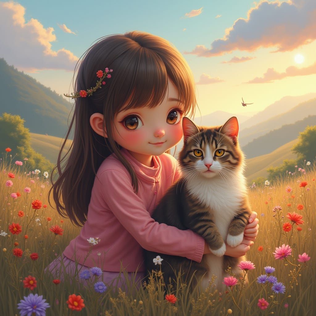 Cute Girl and Cat in Vibrant Landscape Portrait