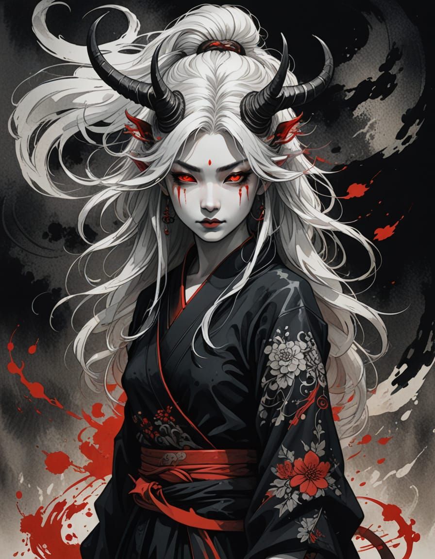 Monochrome Fantasy Woman with Horns and Glowing Eyes