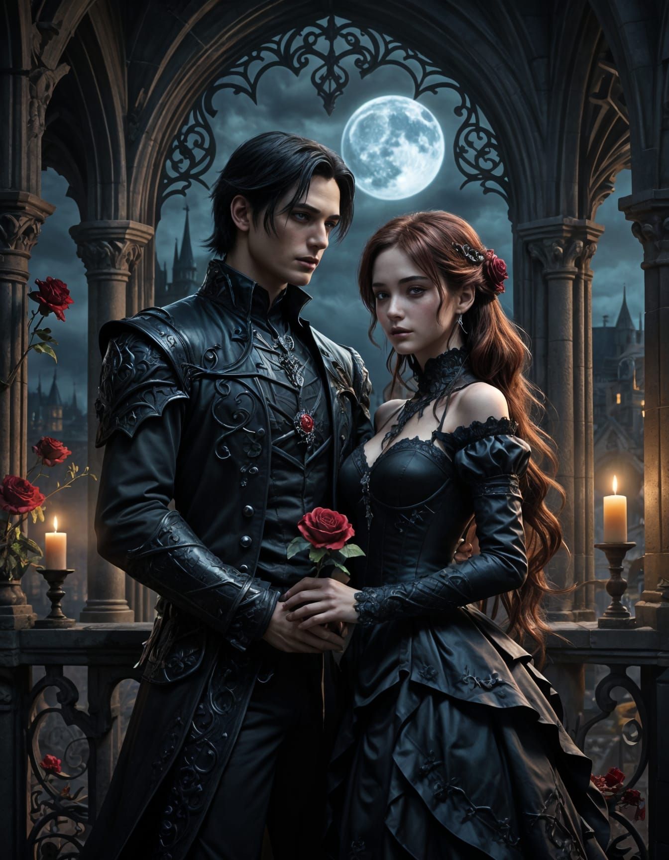 Gothic Anime Couple on a Dark Castle Balcony