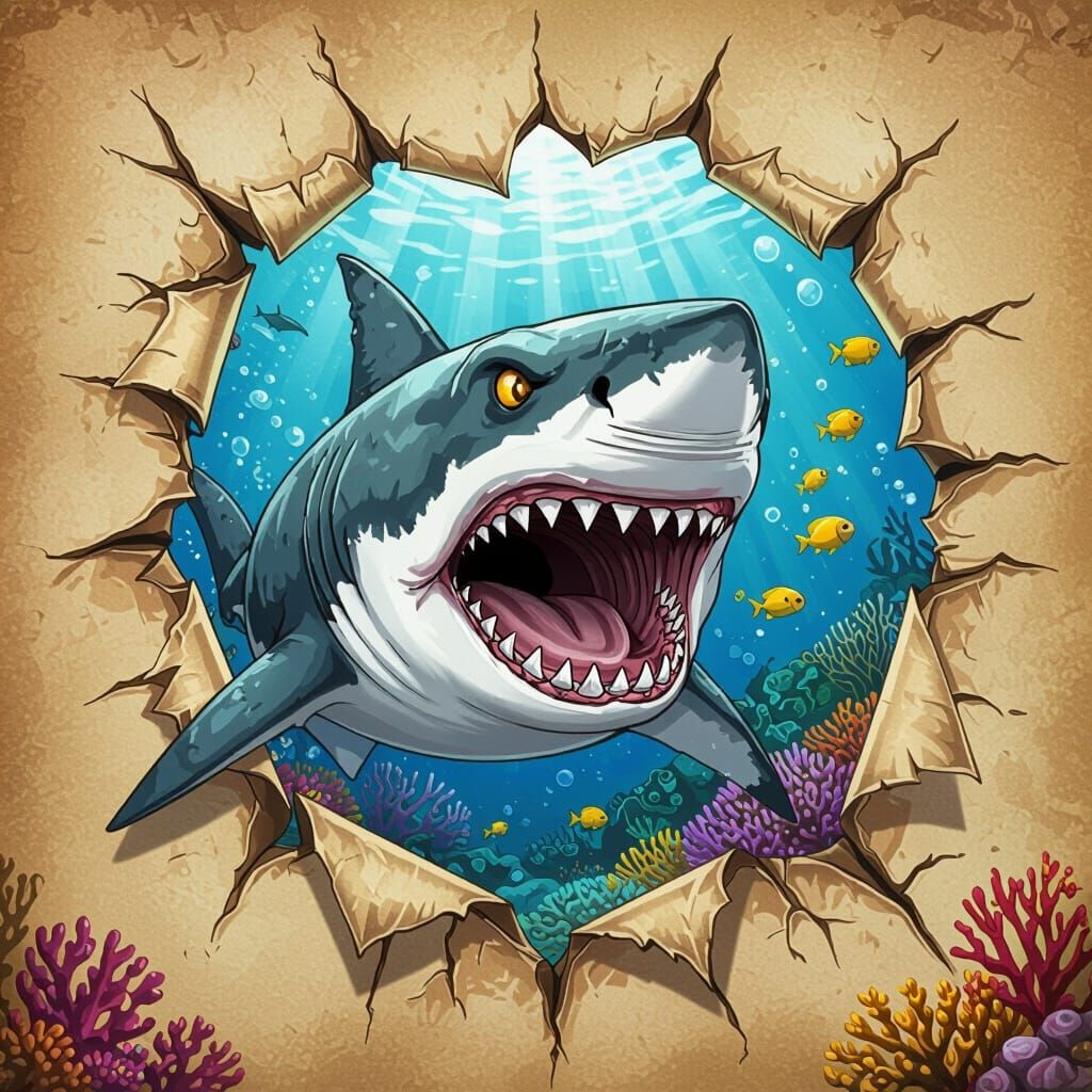 Fierce Great White Shark Breaks Through Parchment Frame