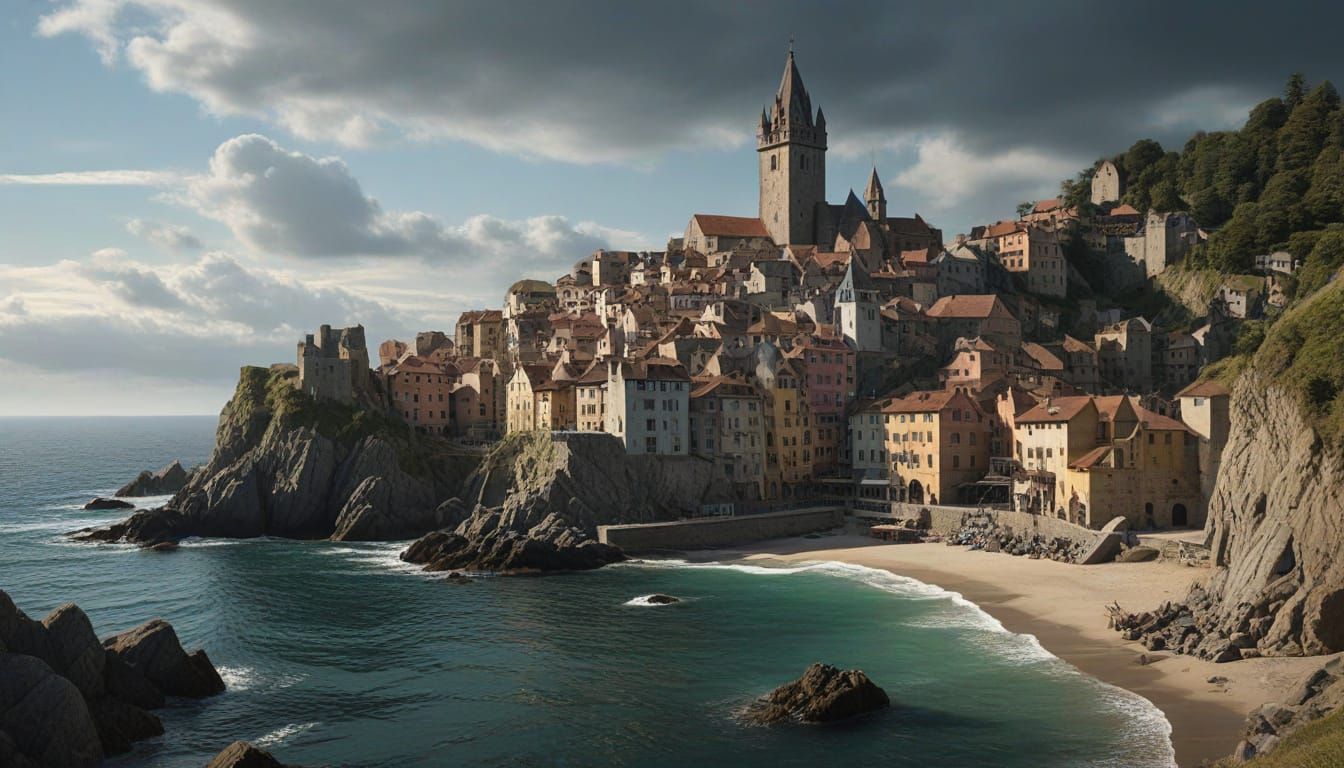 Fantasy Coastal Town in Warm, High-Contrast Lighting