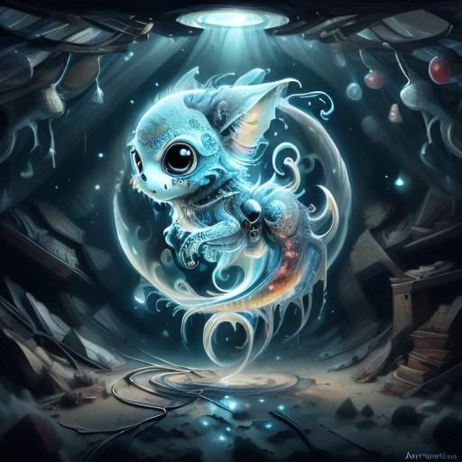 Worm's eye view of a kawaii as strange alien <lora:Ghost Entity SD15:1.0> surfer made from intricate fluttering silver f...