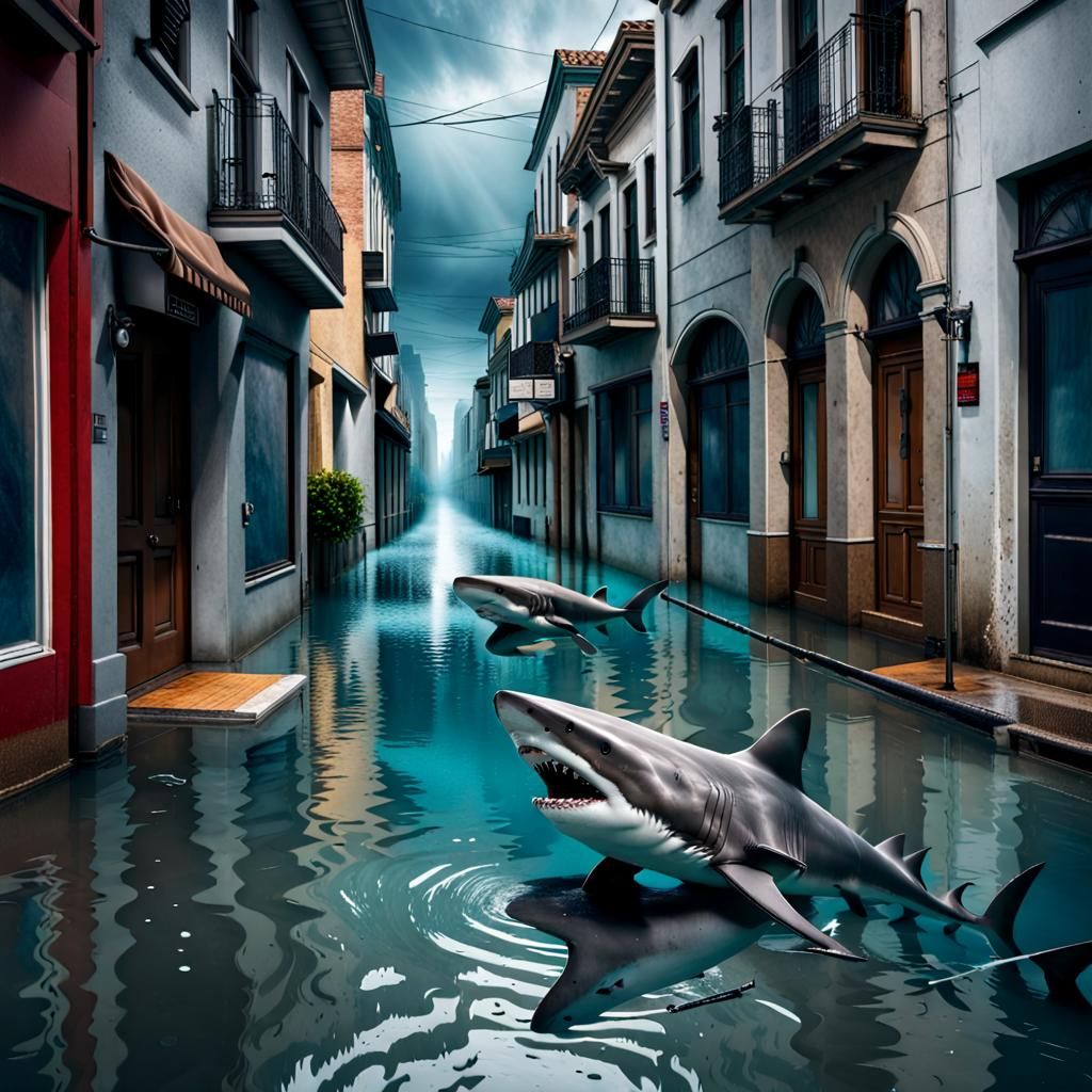 Sharks in a Flooded Street: A Dazzling Underwater Scene