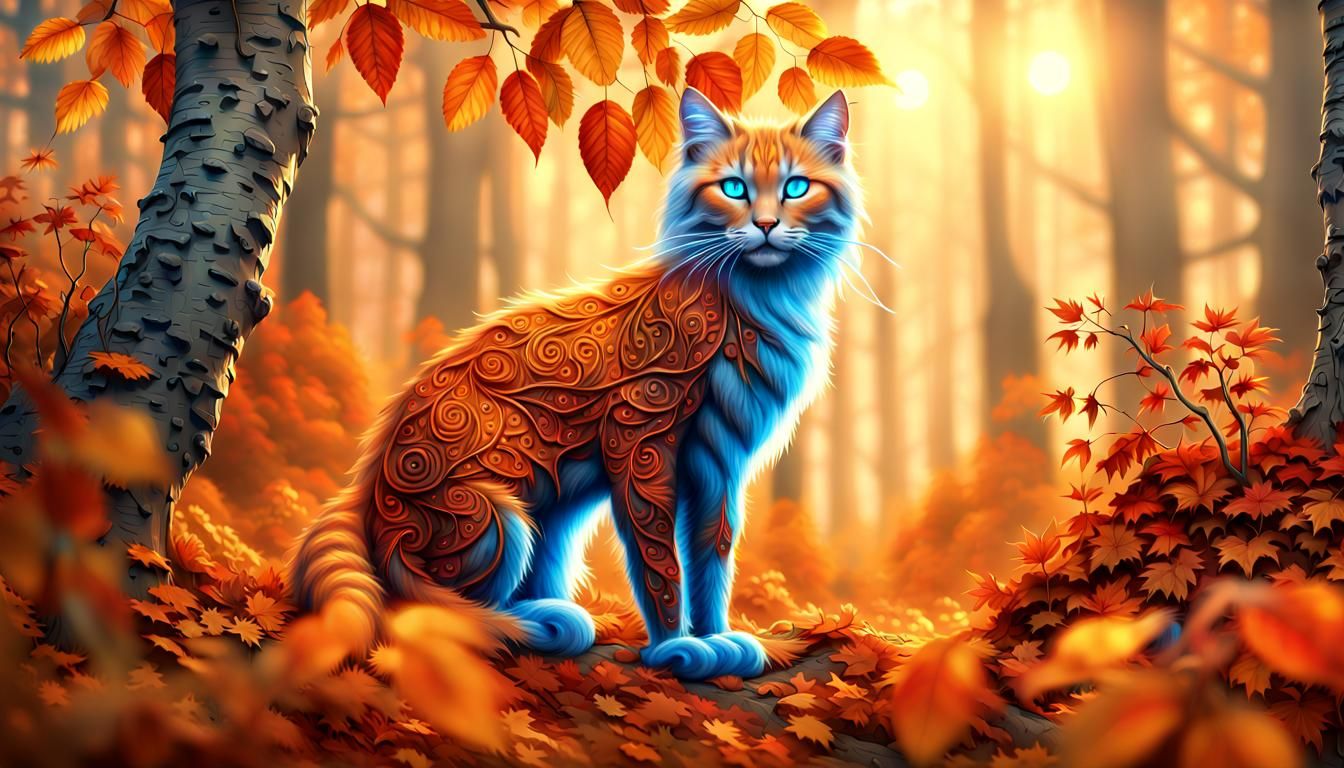 Autumnal Forest Cat Dryad in Golden Light