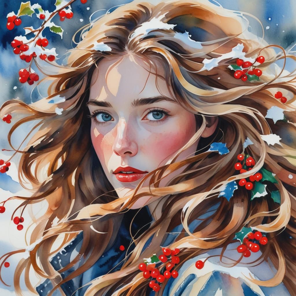 Winter Lady Portrait in Gouache Watercolor Style