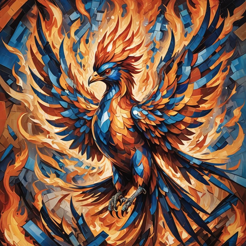 Abstract Cubist Phoenix Rising from Flames