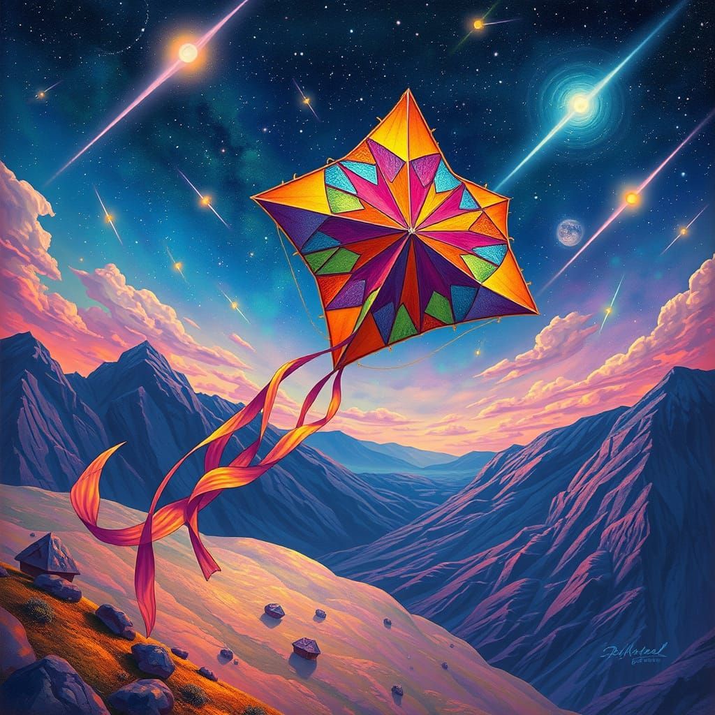 Celestial Star-Shaped Kite Soars Among Glowing Comets