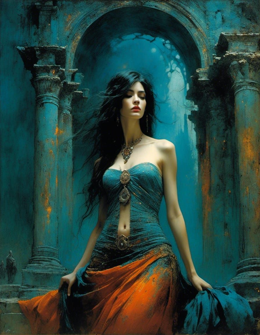 Woman in Ancient Temple, Post-Impressionist Oil Painting