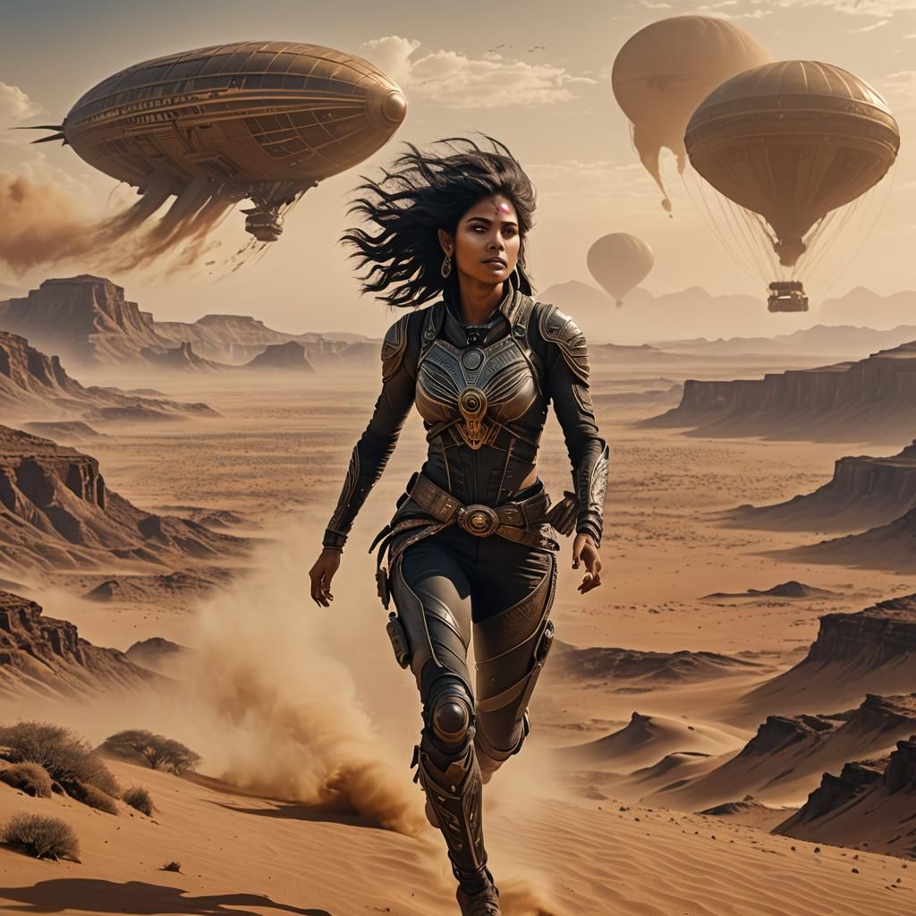 Tattooed Woman Runs in Alien Suit Amidst Sandstorm