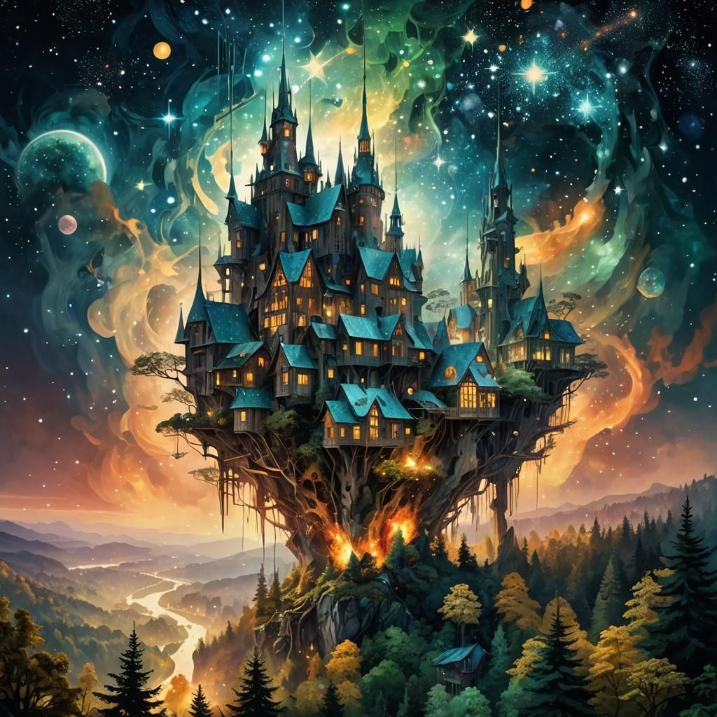 Ethereal Forest Village with Glass Buildings