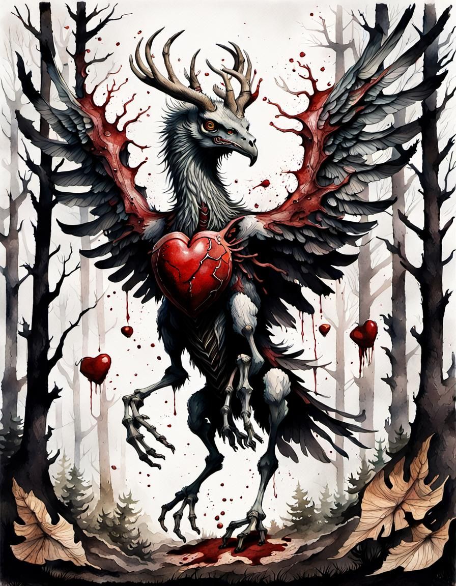 Peryton in Flight: Ink and Watercolor Dark Fantasy