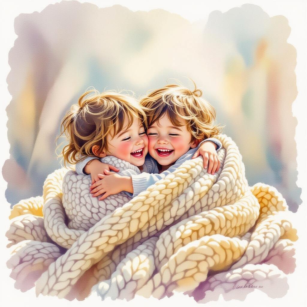 Children Hugging in Cozy Knitted Blanket Watercolor