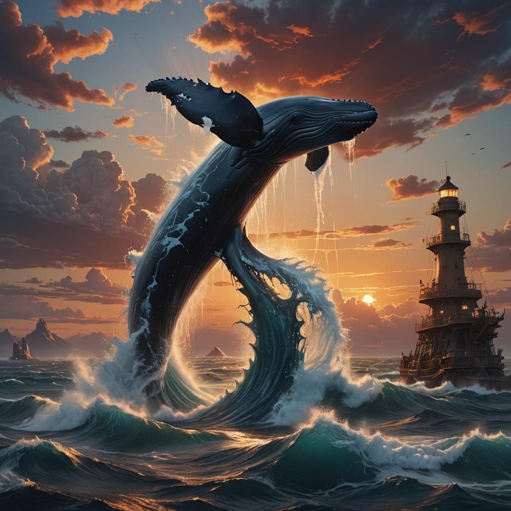 Whale Spout Sunset: Detailed Matte Painting